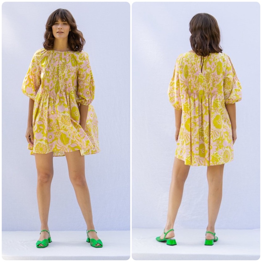Anthropologie Whit Pintuck Dress Ashbury Floral Organic Cotton Pink/Green Sz XS